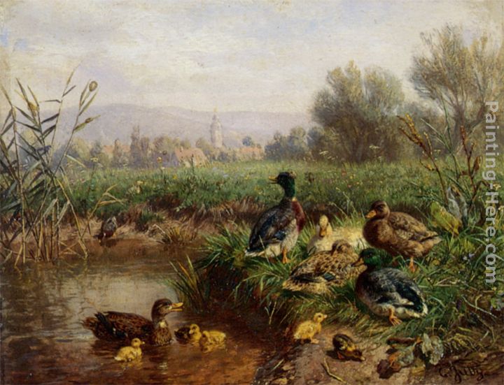 Ducks by a Pond painting - Carl Jutz Ducks by a Pond art painting